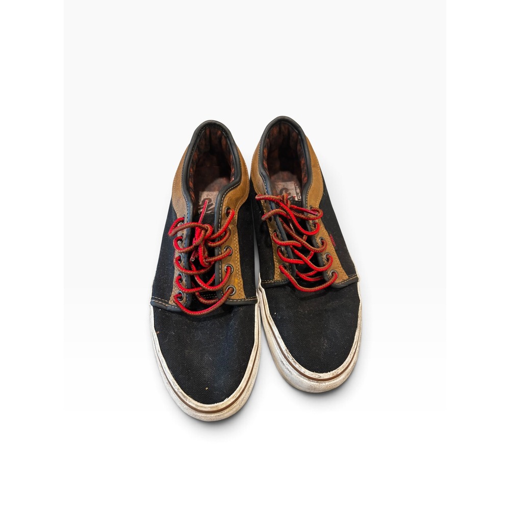 Vans World Skateboard Shoe 10.5 Black Brown Leather Trim Red Laces VN-0U0GB4F